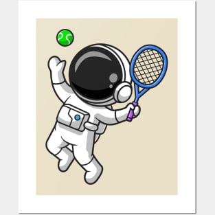 Cute Astronaut Playing Tennis Ball Cartoon Posters and Art